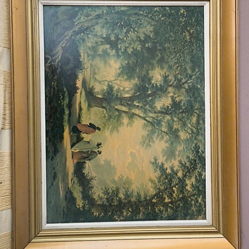 Vintage painting used with religious scene in golden frame