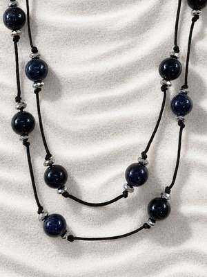 Handmade double-strand necklace with cord and chrysolith, onyx, hematite stones new, black