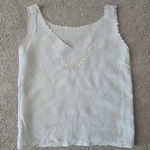Vintage embroidered baby top used, crepe fabric, circa 1960
