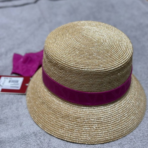 Valentino Garavani Straw Bucket Hat VLogo Silk Ribbon Size 57 New