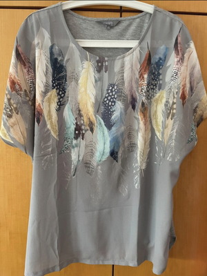Debenhams UK Plus Size Grey Blouse with Colorful Feather Print like new, size 20 UK