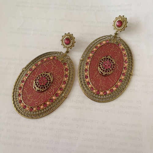Vintage Statement Earrings in Antique Gold Tone with Fuchsia Pink Crystals like new