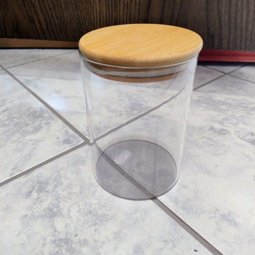 Glass jar with wooden lid like new