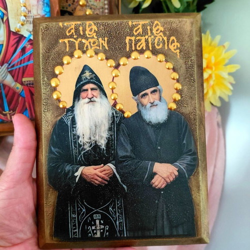 Icon of Papa Tychon and Saint Paisios on MDF wood