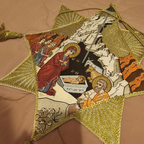 Handmade gold-embroidered epigonation like new with Nativity scene