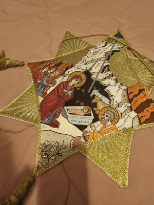 Handmade gold-embroidered epigonation like new with Nativity scene