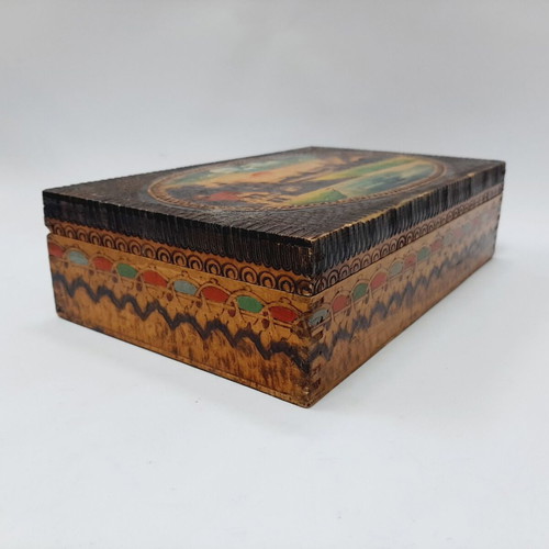 Vintage pyrography wooden box with landscape painting, 1960s