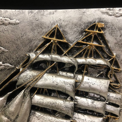 Embossed ship painting like new with carved frame 70x90cm