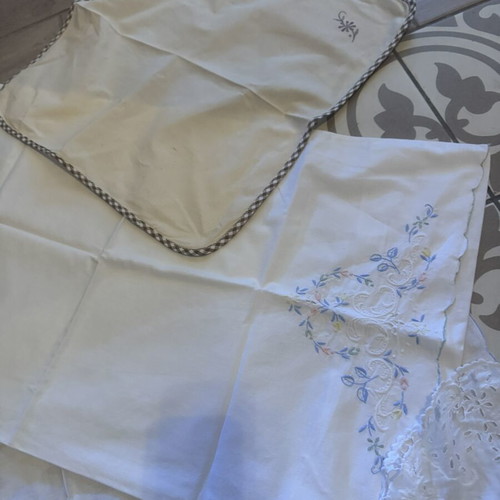 Embroidery set like new with pillowcase, square, and cutwork doily