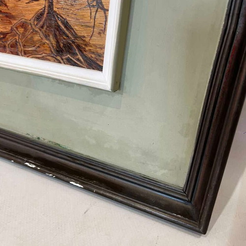 Vintage pyrography wall frame with tree illustration and artist signature 40x36