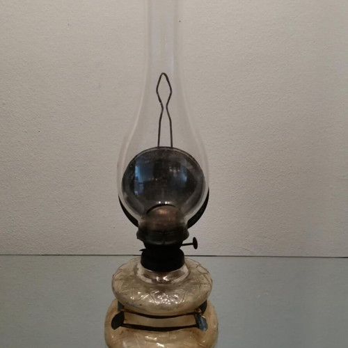 Oil lamp used vintage with embossed geometric design, glass