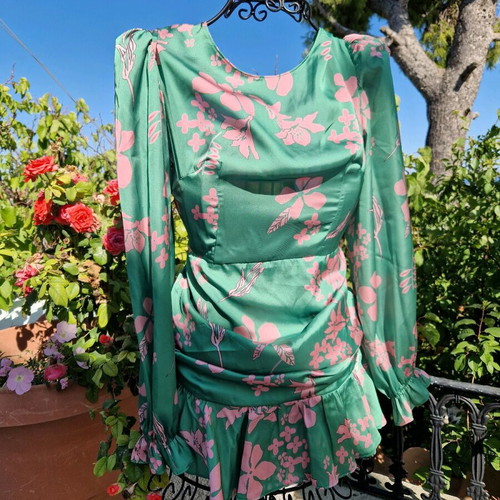 Long-sleeve satin mini dress Trendyol like new, pink and green