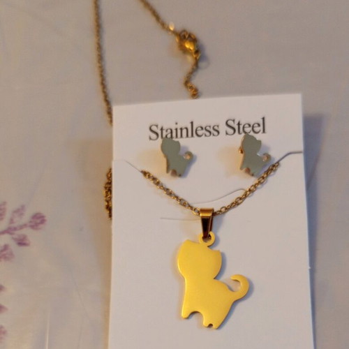 Cat Necklace and Earrings Set new, gold tone stainless steel