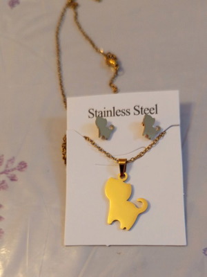 Cat Necklace and Earrings Set new, gold tone stainless steel