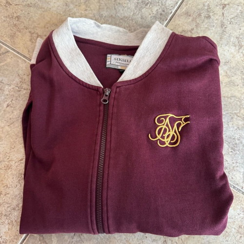 Sik Silk men's college-style cardigan used, burgundy and white, size L