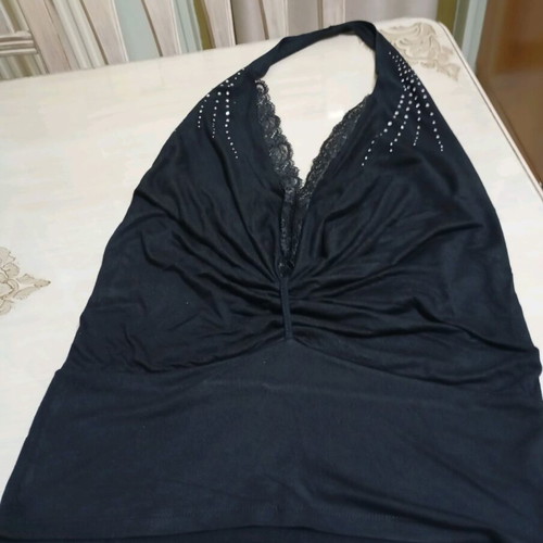 Caramella black elastic halter top with lace and rhinestones like new