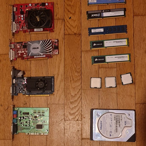 PC parts set with DDR2 and DDR3 RAM, GPUs, CPUs, PSUs, sound card, 40GB HDD