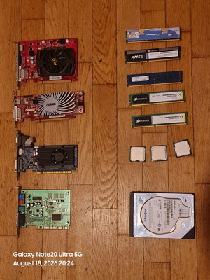 PC parts set with DDR2 and DDR3 RAM, GPUs, CPUs, PSUs, sound card, 40GB HDD