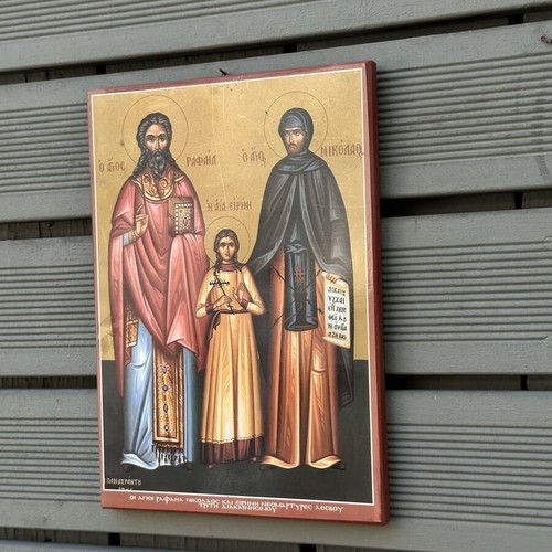 Επιτοίχια εικόνα Αγίων Ραφαήλ, Νικολάου και Ειρήνης, 34,5×24,5 εκ.