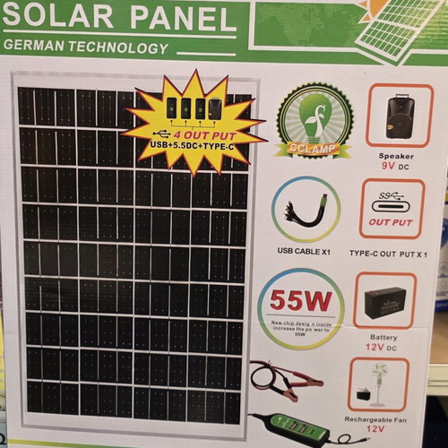 Solar panel 55W with USB Type C and 12V outputs, new