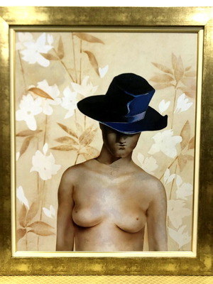 Christos Karas 1998 print with wooden frame "Blue Hat" like new