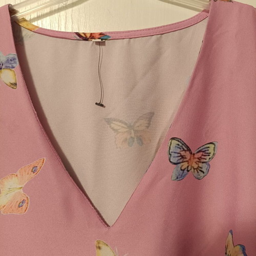 Women's long maxi dress like new, pink with colorful butterfly pattern