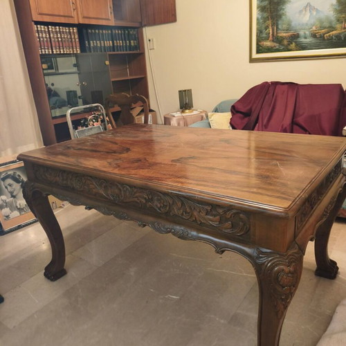 Vintage carved handmade dining table, solid walnut 1952