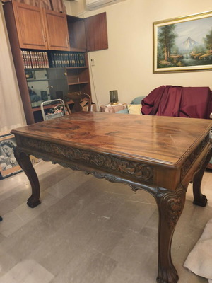 Vintage carved handmade dining table, solid walnut 1952