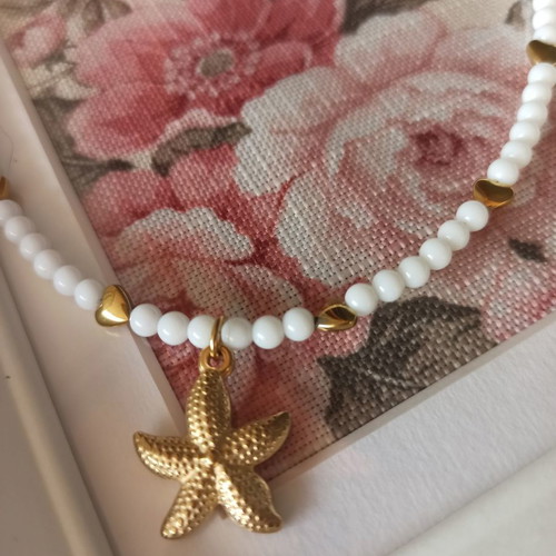 Summer handmade necklace with gold-plated starfish and hearts