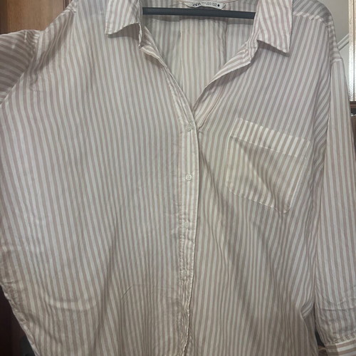 Zara Oversized Neutral Striped Button-Up Shirt Size XL Like New