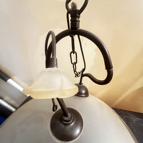 Rustic ceiling pendant light with bronze frame and glass shade