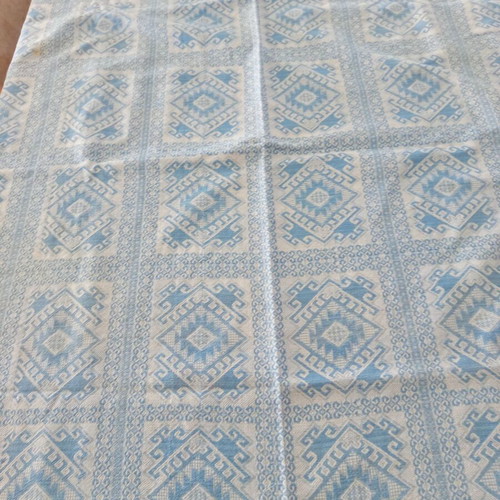 Woven Jacquard Tablecloth used, blue with geometric vintage cotton design
