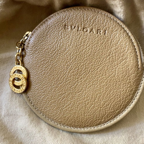 Bvlgari round coin purse leather wallet, beige