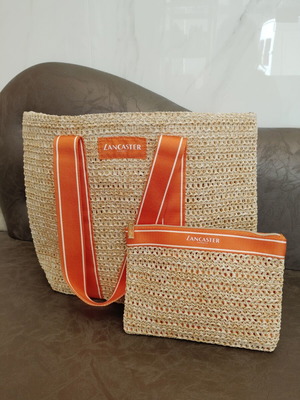 Lancaster straw beach bag and pouch new, beige and orange