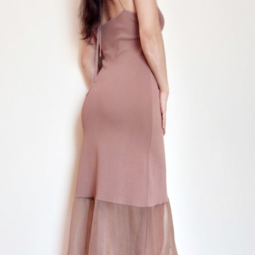 Zara maxi dress S, dusty mauve brown pink, knit with sheer hem