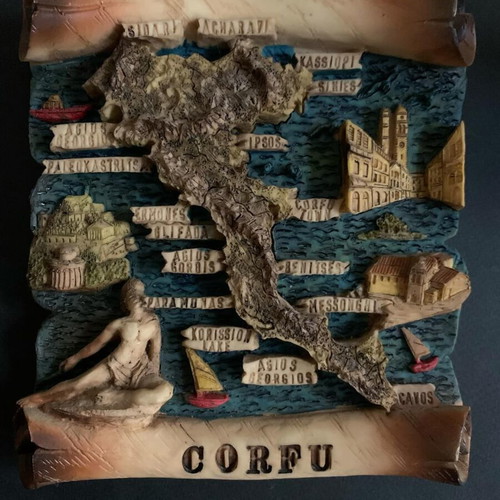 Corfu embossed map used, decorative retro style