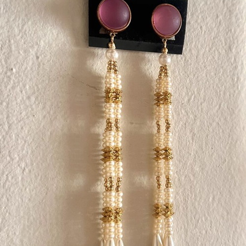Statement dangling earrings, purple and gold tone