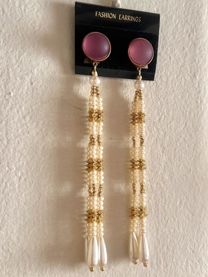 Statement dangling earrings, purple and gold tone