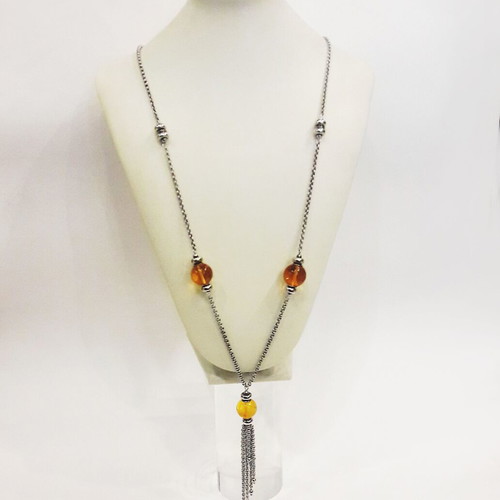 Long 925 silver necklace with genuine amber and platinum finish new