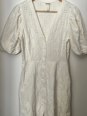 H&M white dress with puff sleeves and eyelet design