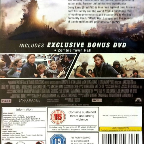 World War Z DVD used, action/horror movie with Brad Pitt, English subtitles, special edition