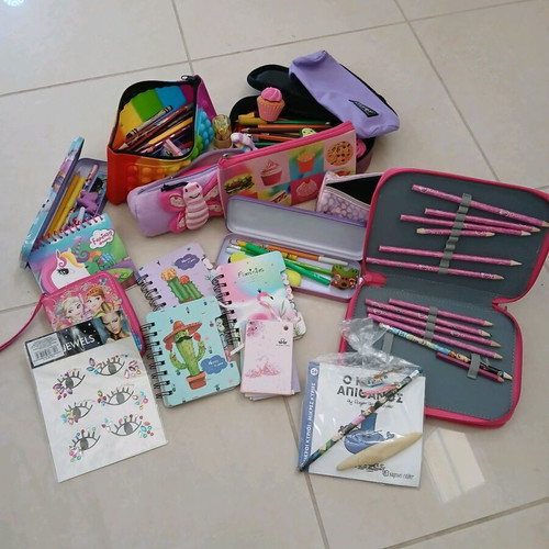 School supplies used, pencil cases, erasers, paints, notebooks, pencils