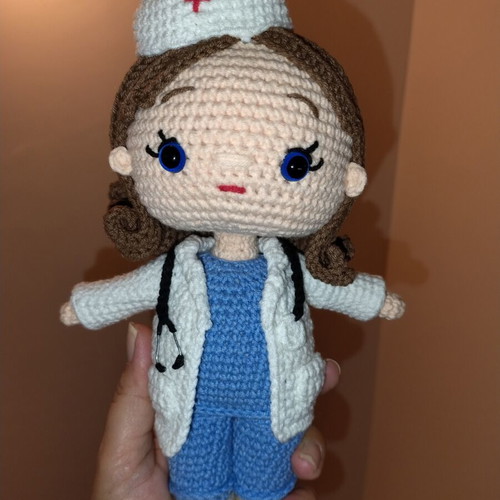 Crochet doctor doll handmade with stethoscope and medical apron