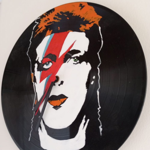 Wall clock made from vinyl record used with Ziggy Stardust sticker