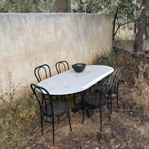 Garden table with marble and 6 metal chairs used