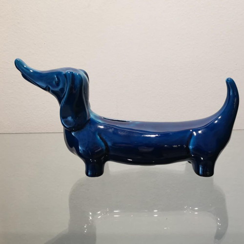Italian faience piggy bank used, dog shape, 60s vintage
