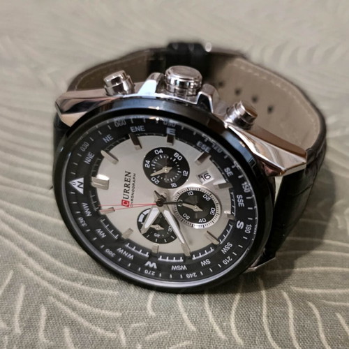 Curren 8399 Men's Chronograph Watch used, leather band, black and silver