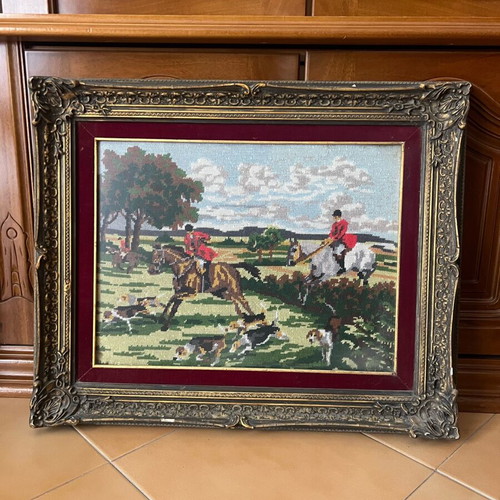 Vintage Gobelin Embroidered Hunting Scene with Baroque Frame 51x62 cm like new