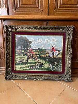 Vintage Gobelin Embroidered Hunting Scene with Baroque Frame 51x62 cm like new