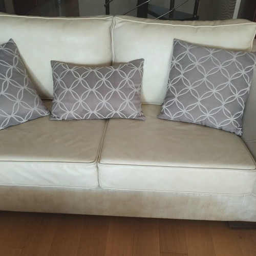 Sofa set used, beige three-seater and two-seater with faux leather